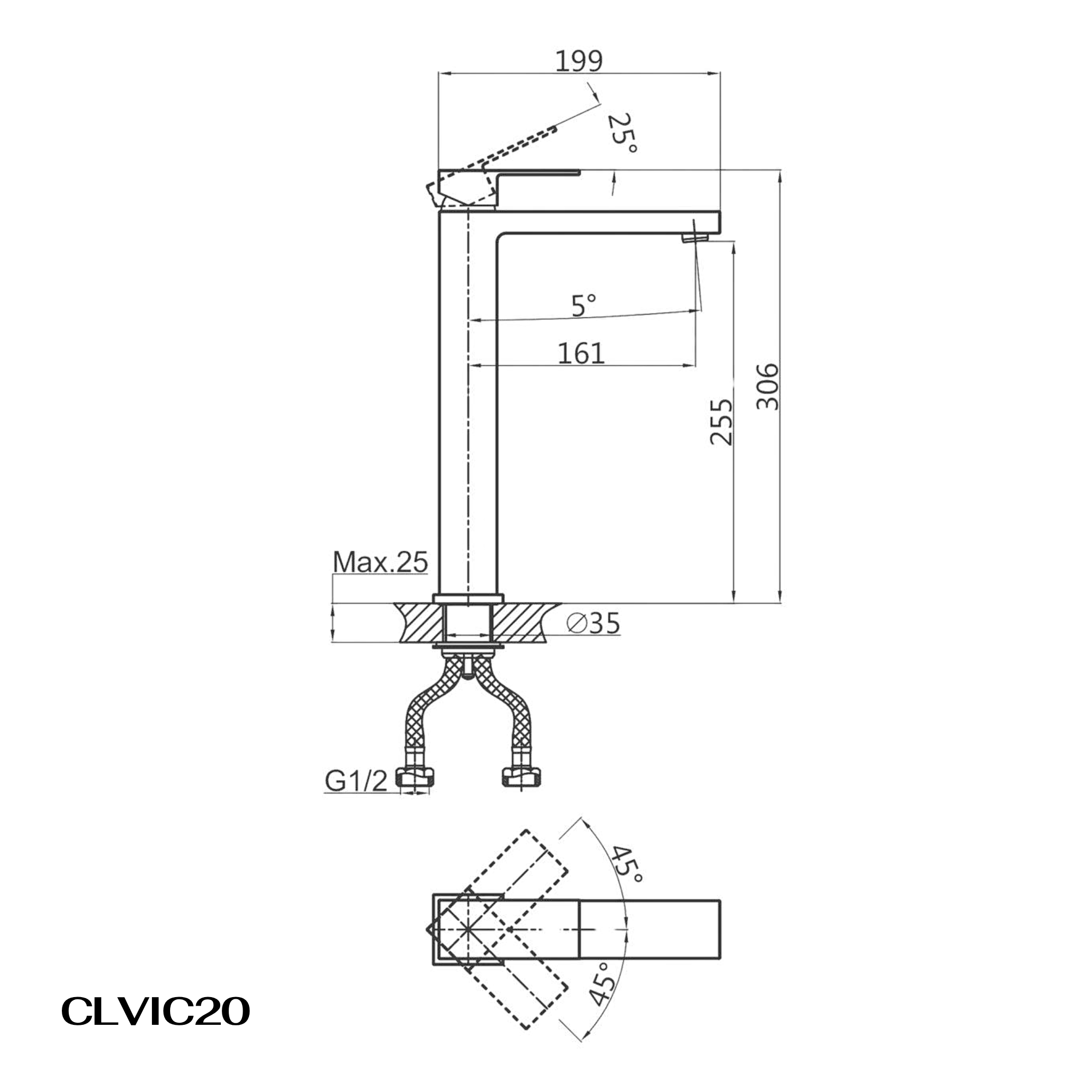 Vòi lavabo Casalux cao đen nhám CLVIC20